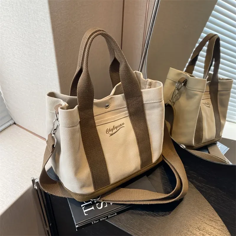 Chic Color block Canvas Tote Bag with Adjustable Strap