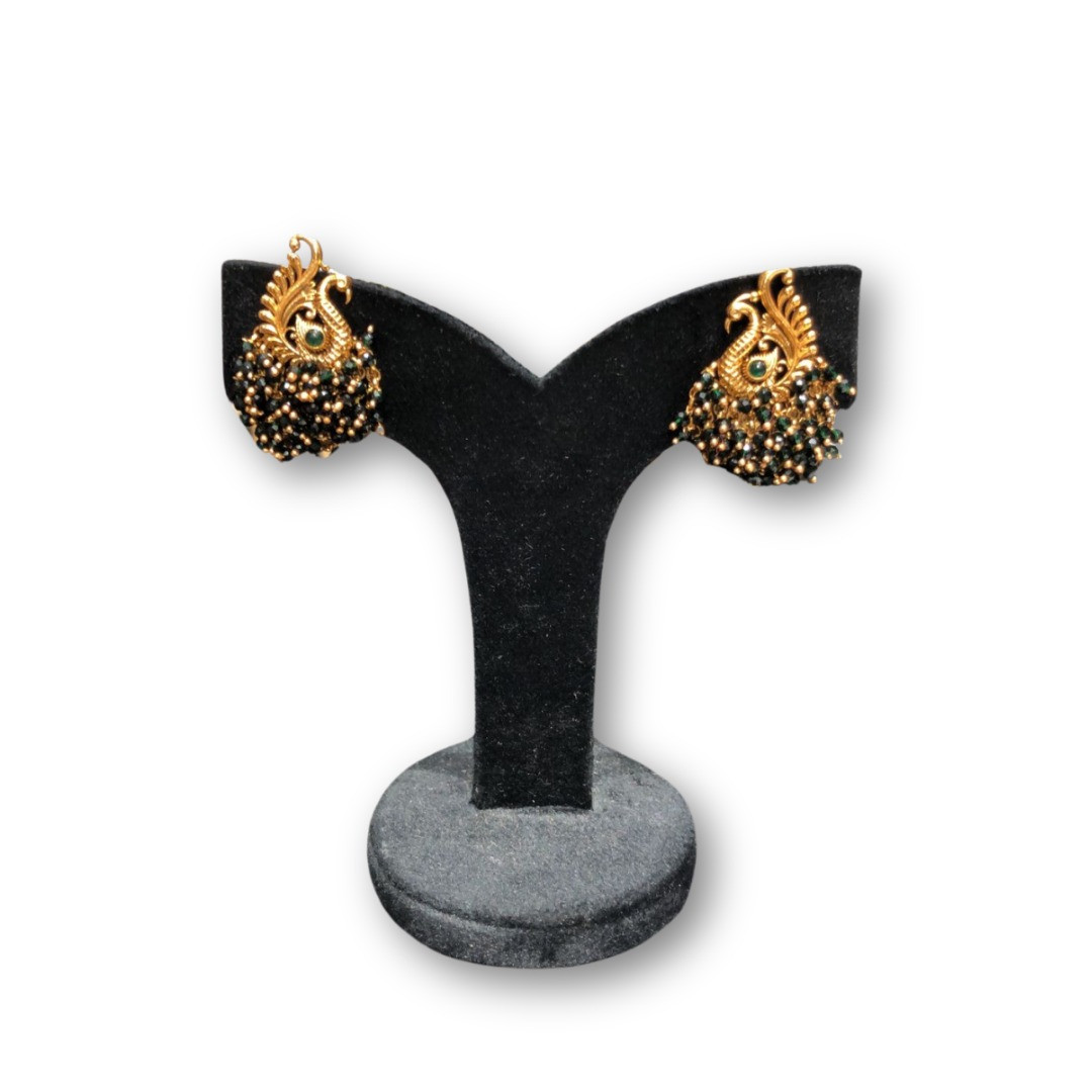 Elegant Gold-Tone Peacock Earrings with Black Bead Detailing